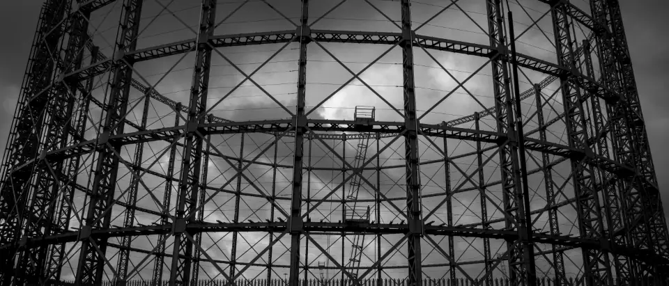 The riveted steel frame of a Victorian gasholder