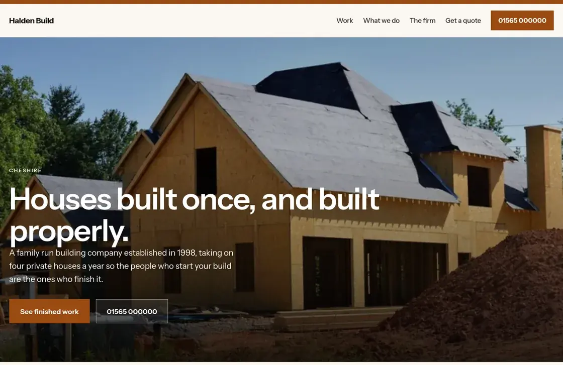 The rebuilt website, with the work shown large and the phone number in view