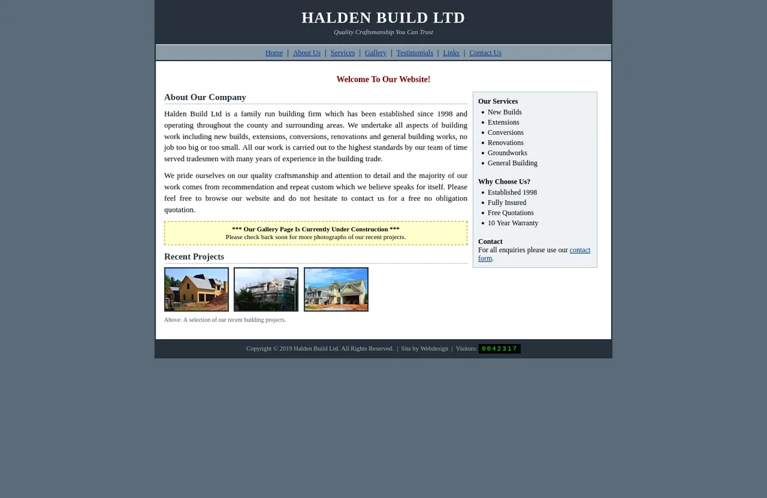 The original website, cramped in the middle of the screen with thumbnail photographs